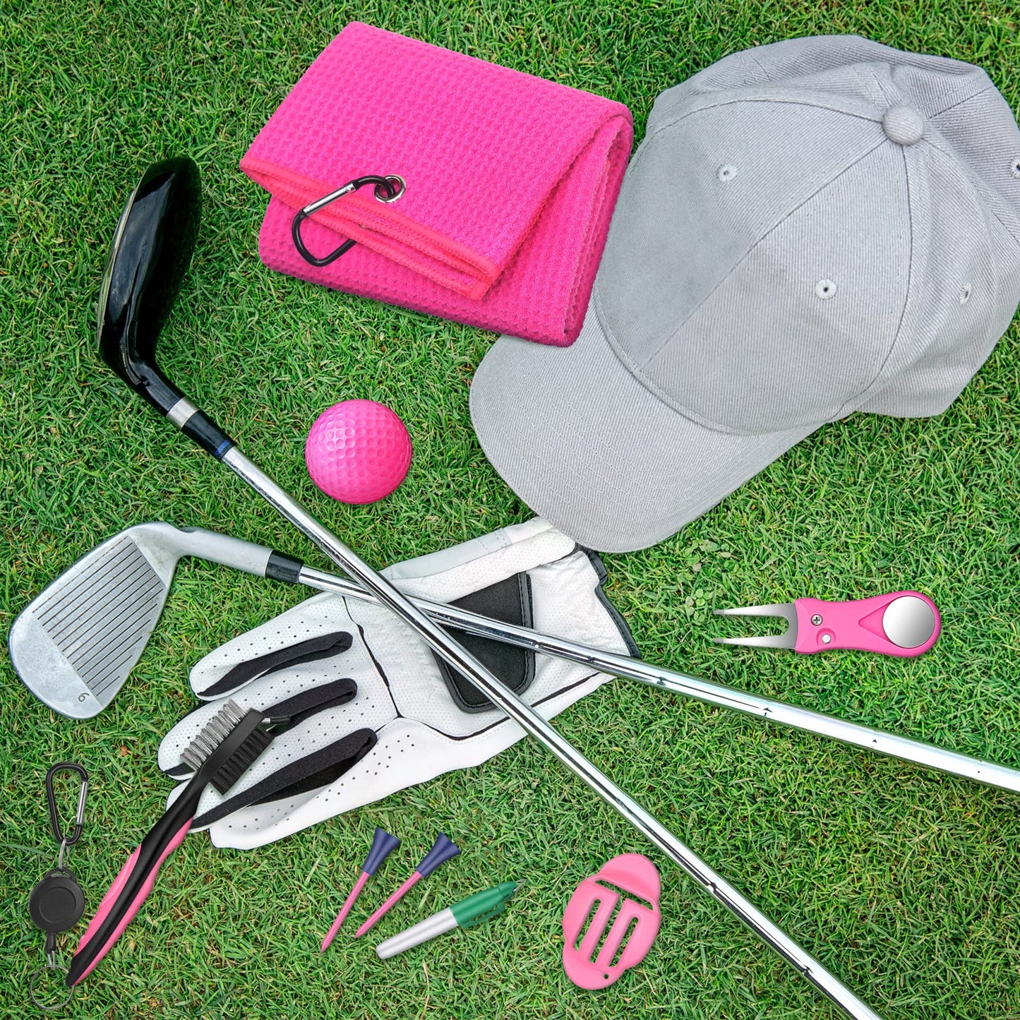 18 Pcs Pink Golf Accessories Kit Include Golf Ball Marker Balls Holder Club Groove Cleaner Brush Divot Repair Plastic Tees Towel with Clip Gift Set for Women