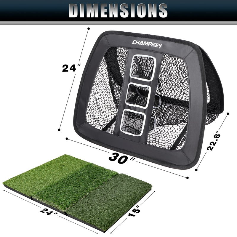 CHAMPKEY Double Sided Golf Chipping Net Come with Tri-Turf Hitting Mat and 12 Foam Golf Balls - 5 Ply-Knotless Netting Golf Targets System Ideal for Short and Long Distance Training (Standard Version)