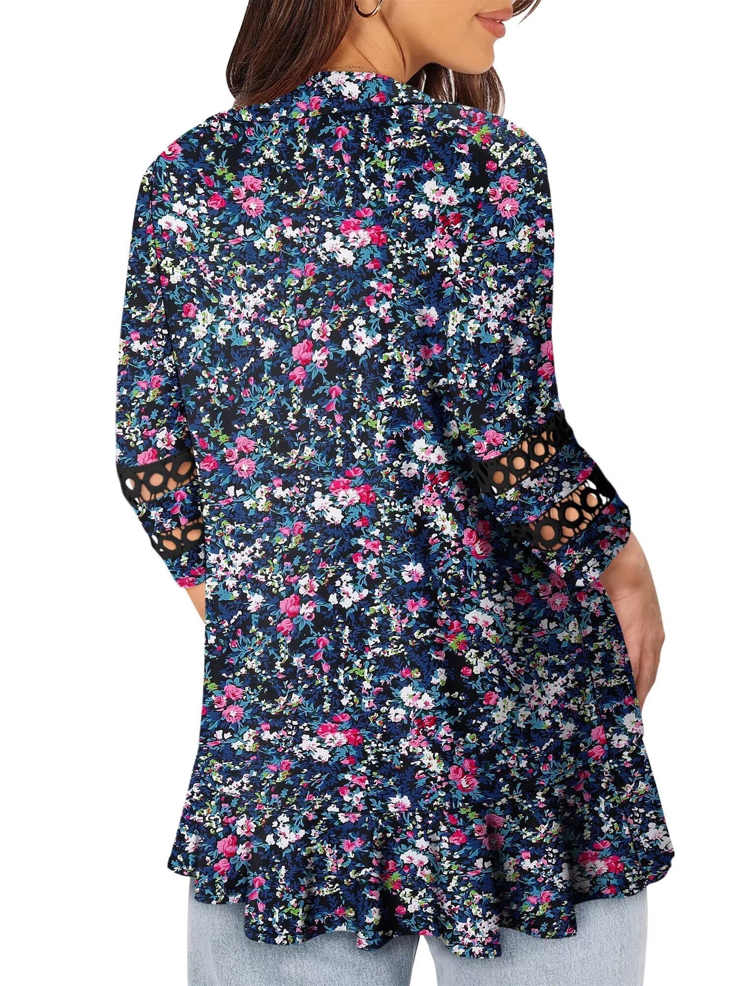 Magritta Flowy 3/4 Sleeve Cardugans Women's Cardigan for Weekend Outing - Blue Floral (L, Cherry)