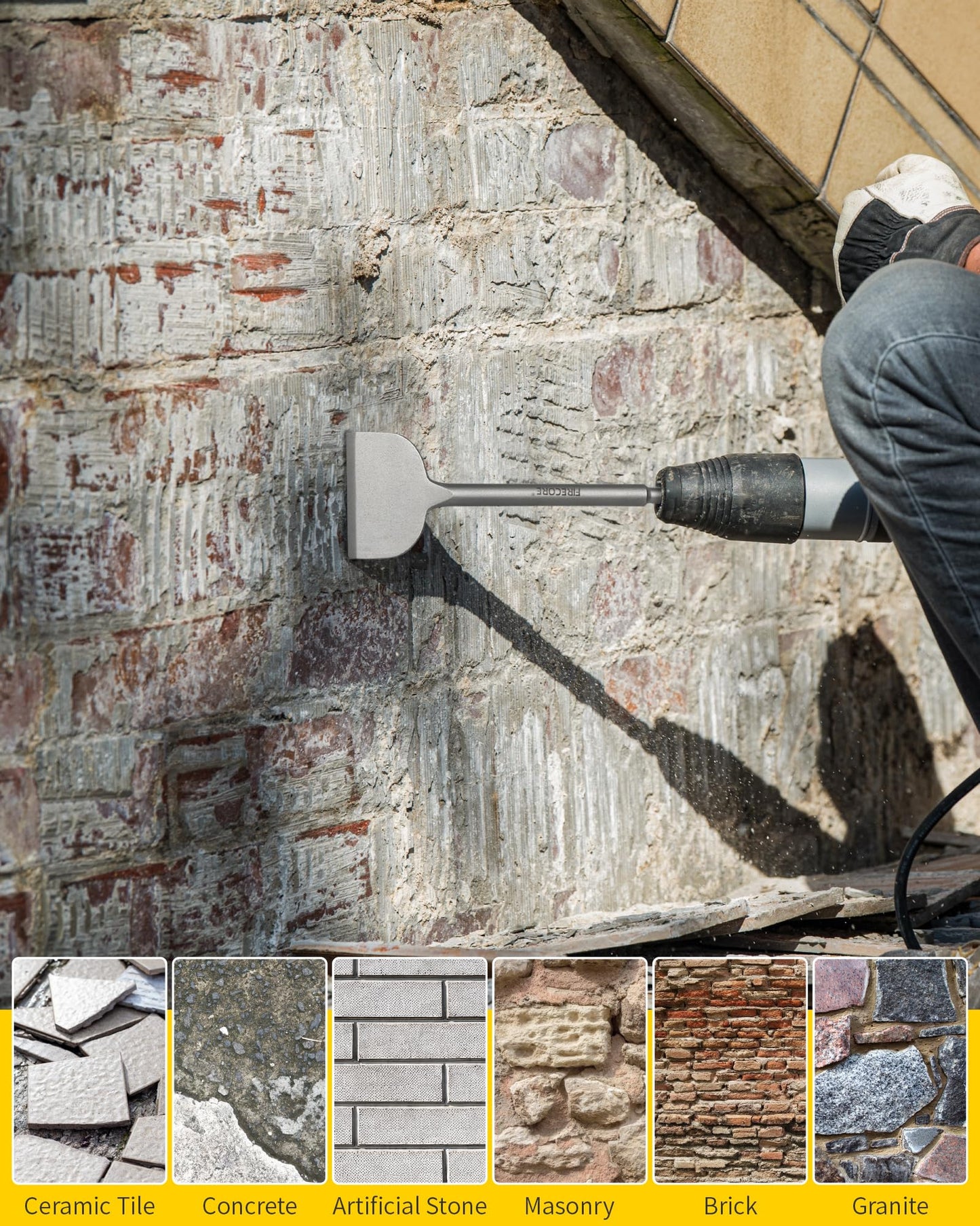 SDS Chisel Set, Firecore 4pcs Tile Removal Chisel Bits for SDS Plus Rotary Hammer Drill Attachments, Alloy Steel Shovel for Demolition Chipping Grooving Scaling Removing Cement Thinset Mortar Vinyl