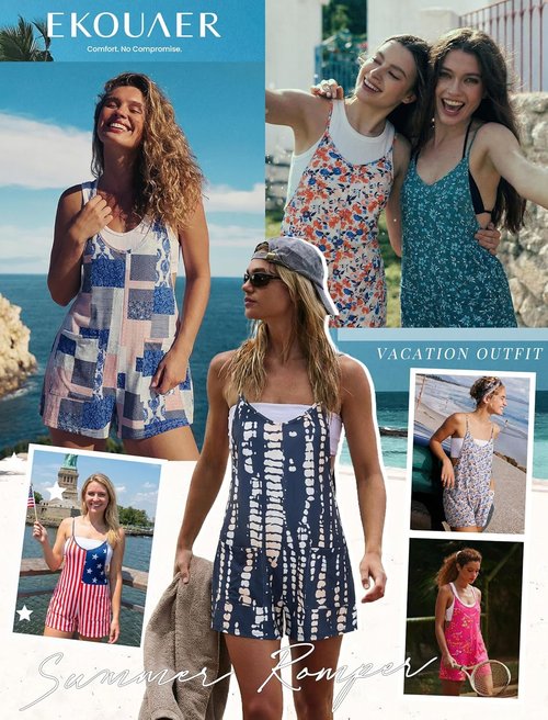 Ekouaer Summer Rompers for Women - Casual Sleeveless Jumpsuit with Pockets | Boho Spaghetti Strap Design