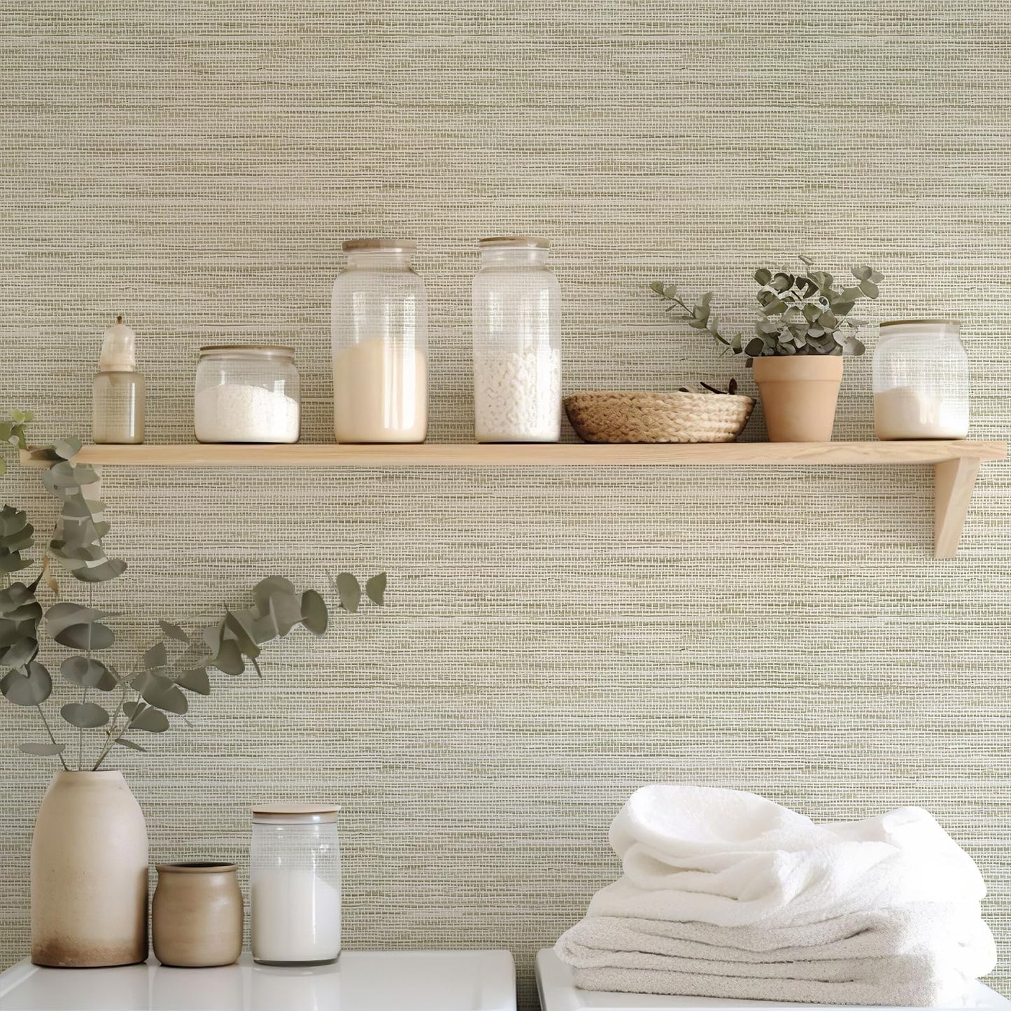 HueBurst Grasscloth Peel and Stick Wallpaper 17.3" x 197" Renter Friendly, Cream Textured Grassweave Wallpaper Self Adhesive Removable for Bathroom Bedroom