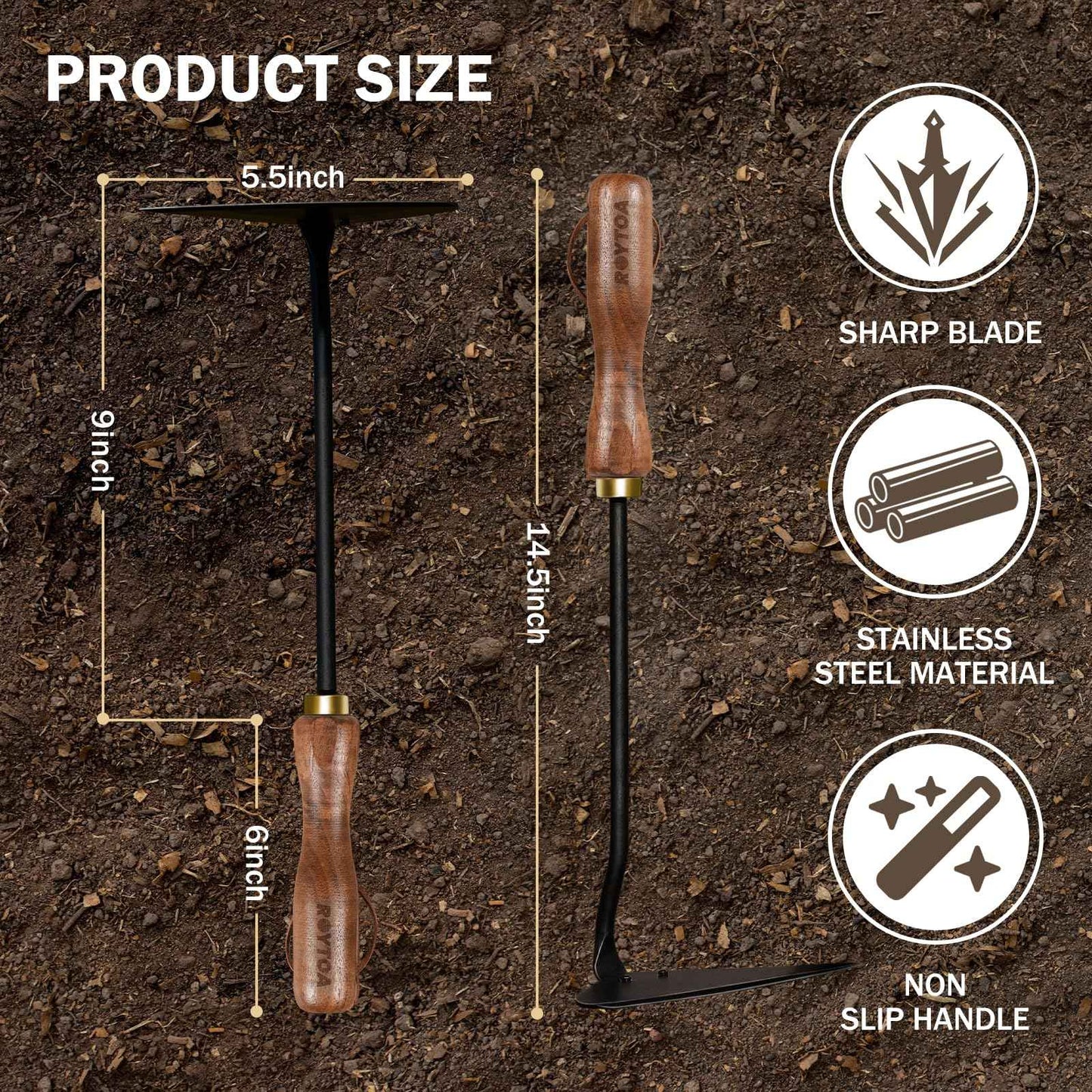 ROYTOA Triangle Hand Hoe, Heavy Duty Stainless Steel Weed Puller and Weed Remover Gardening Tool with Walnut Handle for Weeding, Soil Loosening and Cultivating