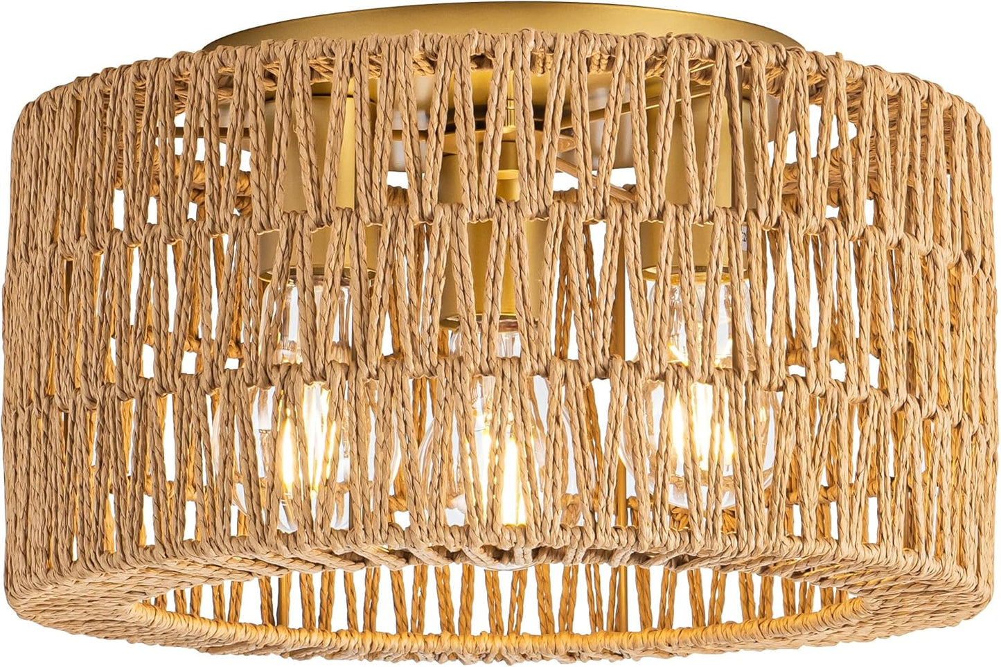 Bohemian Rattan Ceiling Light Fixture - 3-Light Woven Flush Mount for Bedroom & Living Room