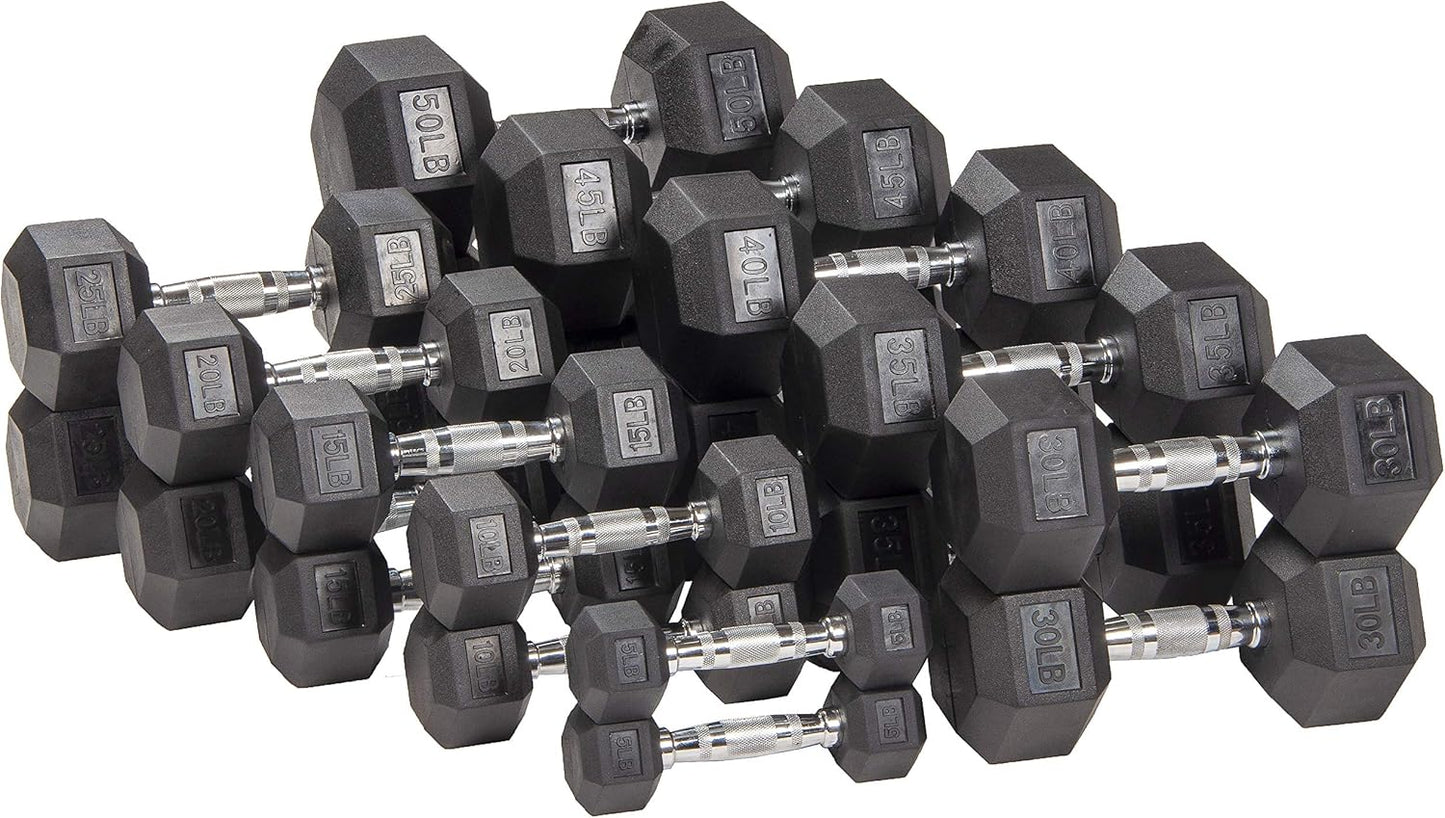 Signature Fitness Hex Dumbbells - Rubber Coated Hand Weights for Home Gym | 5-50 lbs Pairs