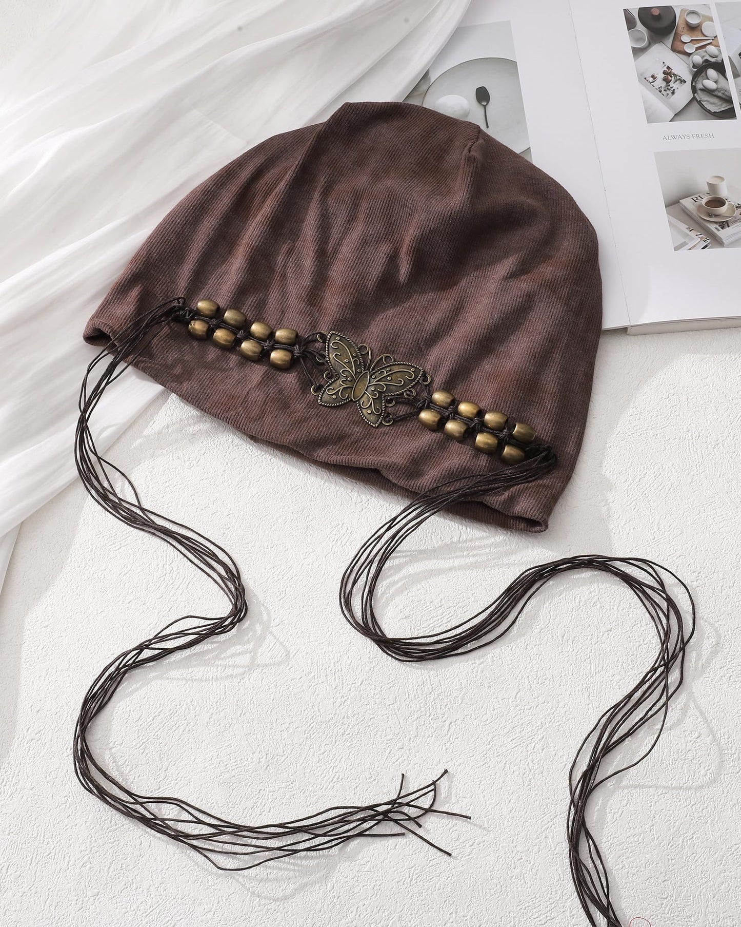 AWAYTR Slouchy Beanie Hat for Women - Retro Turban Hat with Metal Butterfly Beads Skull Caps Vintage Y2K Fashion Style (Coffee)
