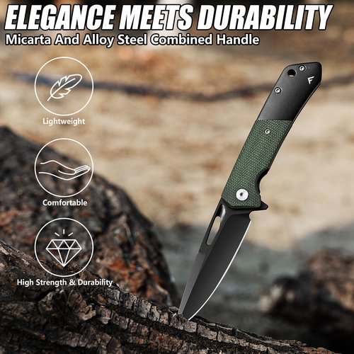 FLISSA Folding Pocket Knife, SANDVIK 14C28N Blade Knife with Micarta-Steel Handle, Pocket Clip and Thumb Hole for EDC Camping Hiking Outdoor