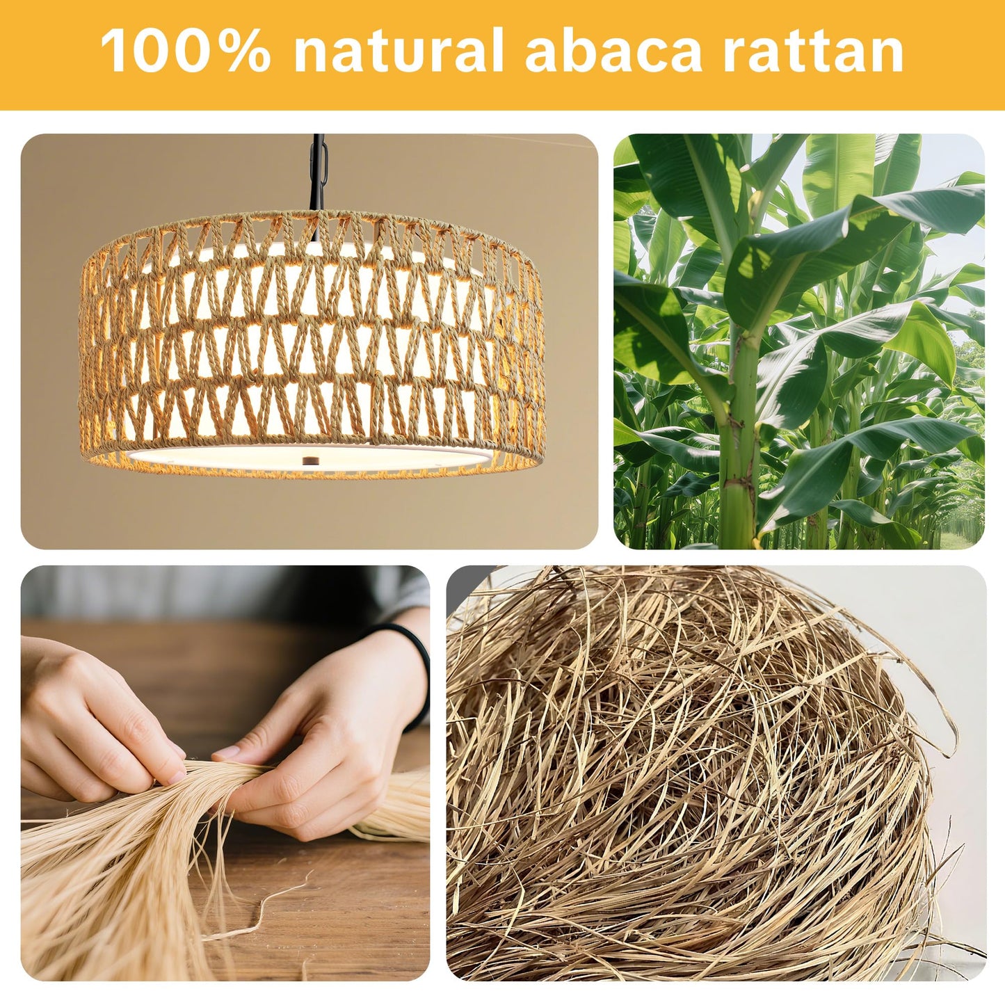 Boho Rattan Chandelier for Dining Room,5-Light Farmhouse Chandelier Light Fixtures, Hand Woven Chandeliers with Fabric Shade,Rustic Pendant Light Fixtures for Kitchen Island,Bedroom,Living Room