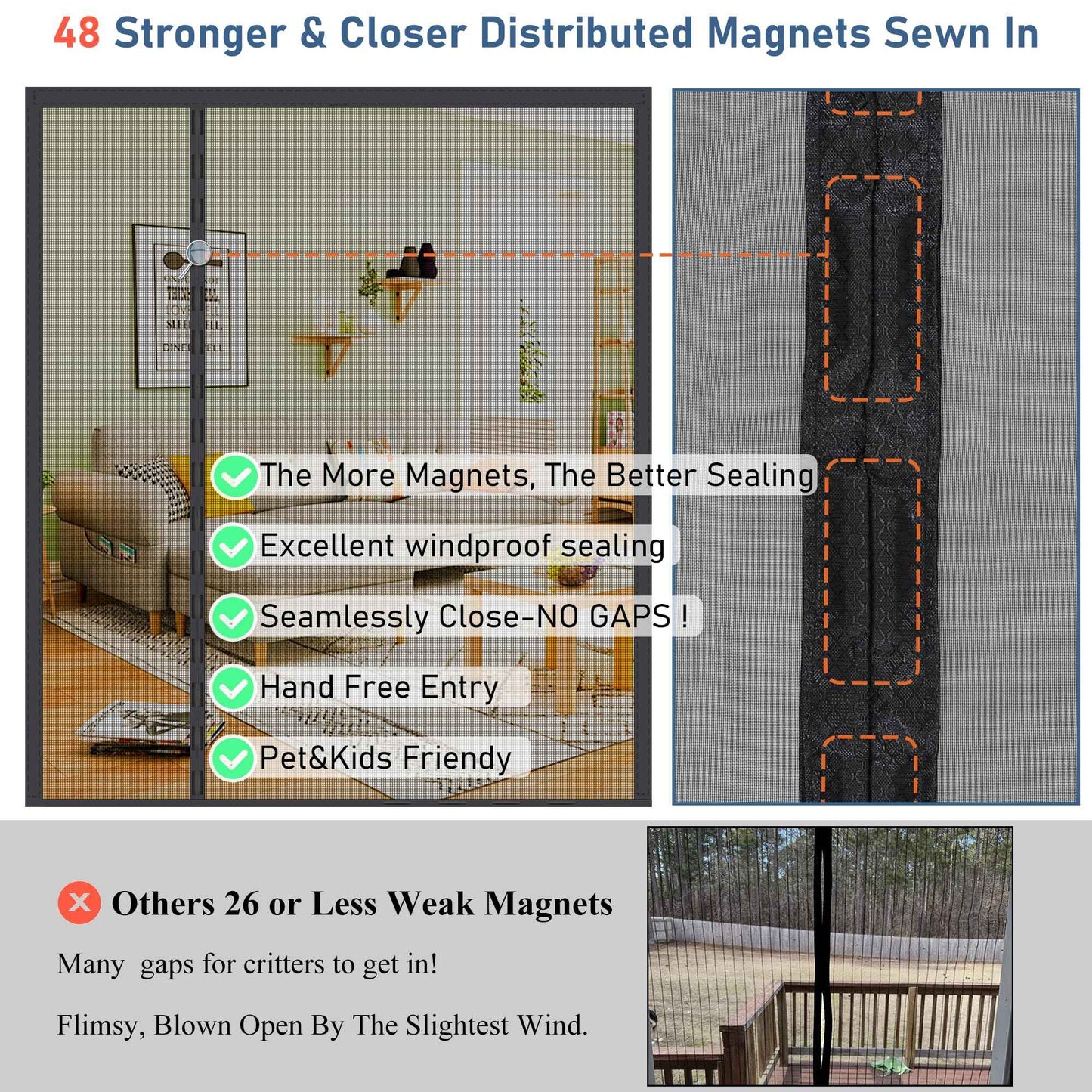 Magnetic Screen Door High Density Mesh,Reversible Left Right Side Opening Wide Retractable French Door Screen Mesh,Reinforced Sliding Screen Doors, Heavy Duty Door Screen for Double Door