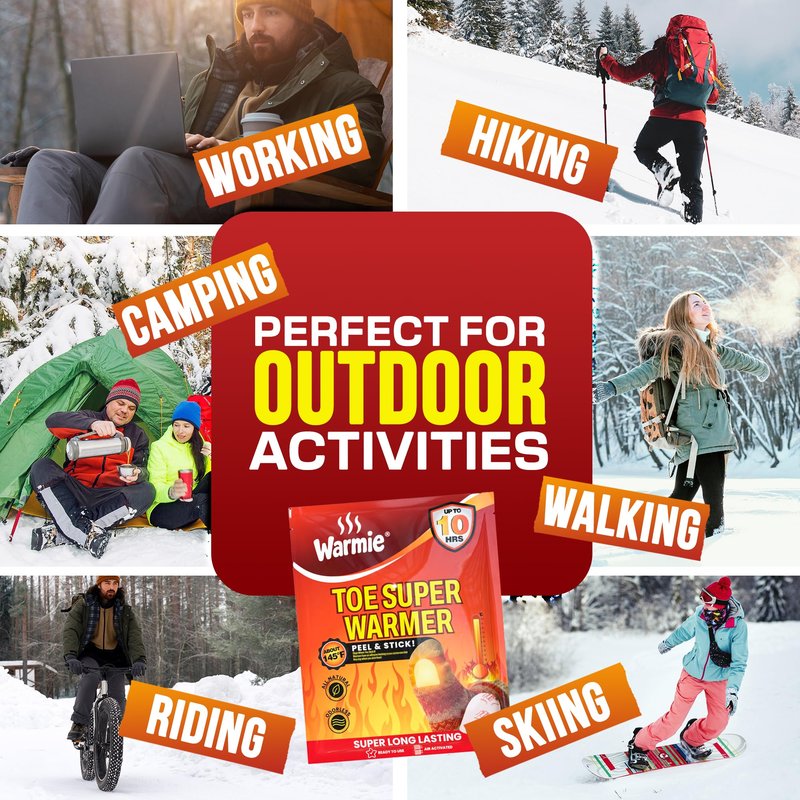 Warmie Super Toe Warmers with Adhesive Backing | Air‑Activated, Long‑Lasting | All‑Natural, Odorless, Steady Heating for Cold Weather | Safe, Instant Warmth for Shoes & Boots | 10 Pairs (20 Units)