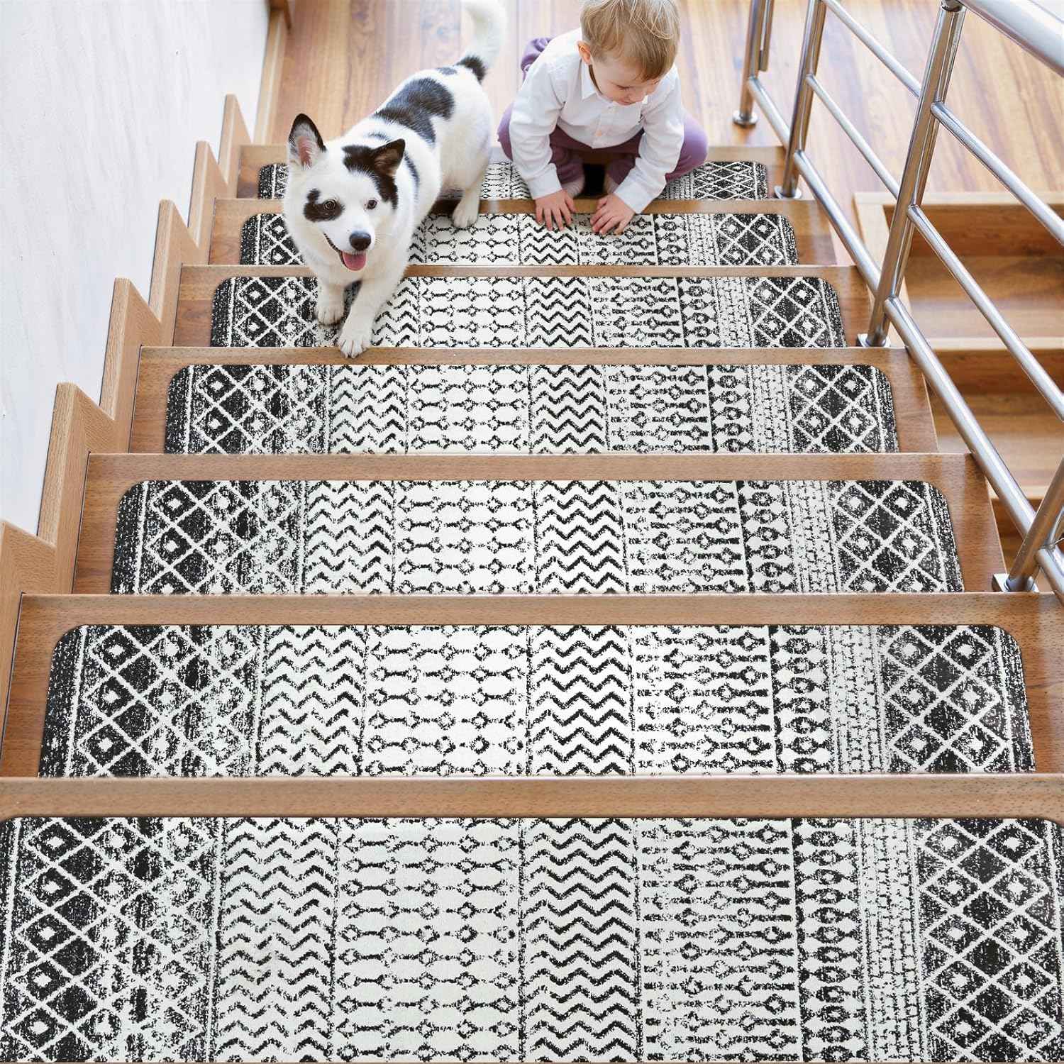Non-Slip Stair Treads for Wooden Steps - 15 Pack 30"x8" Safety Mats for Dogs, Kids & Elders