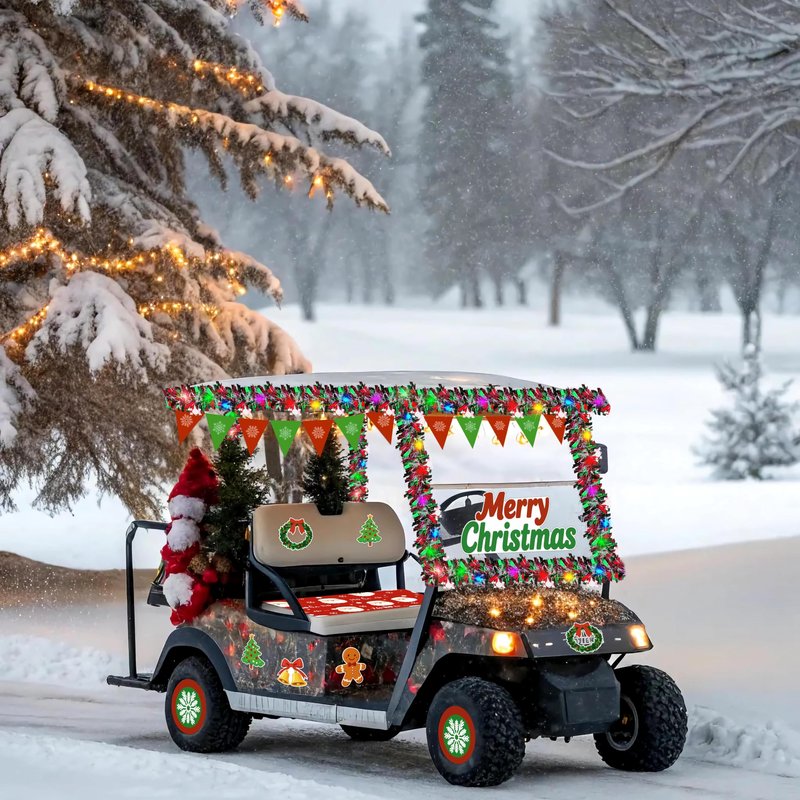 Moon Boat 21Pcs Christmas Golf Cart Decorations - Seat Cover Tinsel Garland Stickers Banner Accessories Kit for Parade Decor