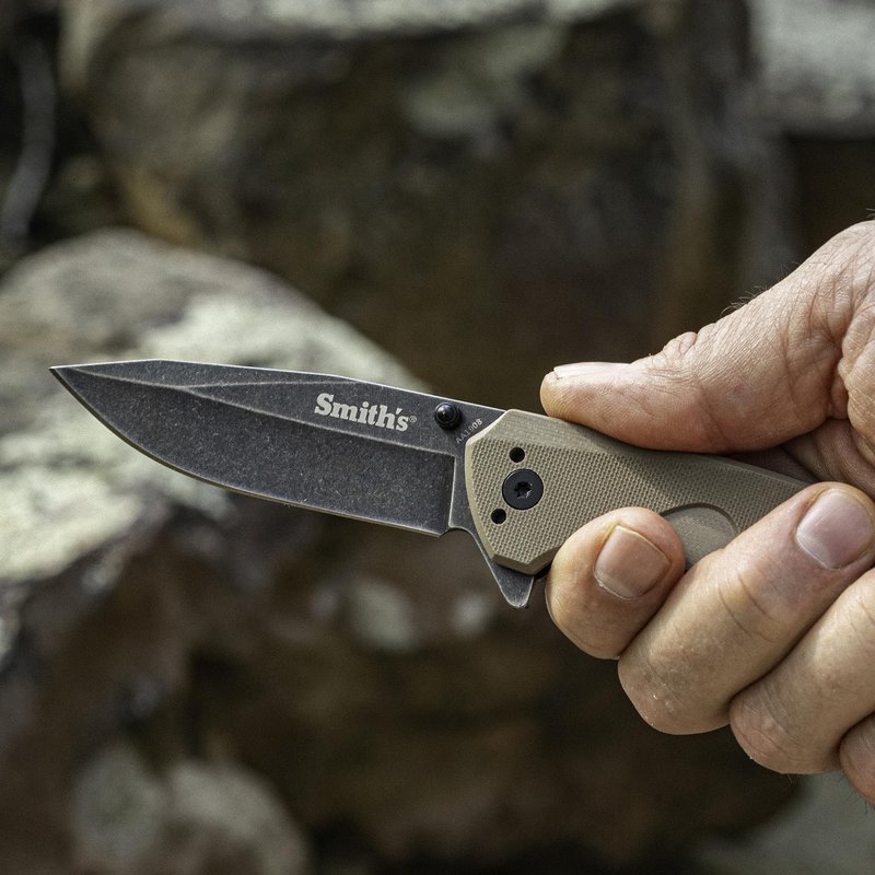 Smith's 50995 Battleplan Pocket Knife – Tan – 3.35” Stainless Steel Lock Back Blade – Easy Open Flipper – Everyday Carry Work, Military, Hunting, Outdoor – Straight Edge Tactical Knife – Foldable