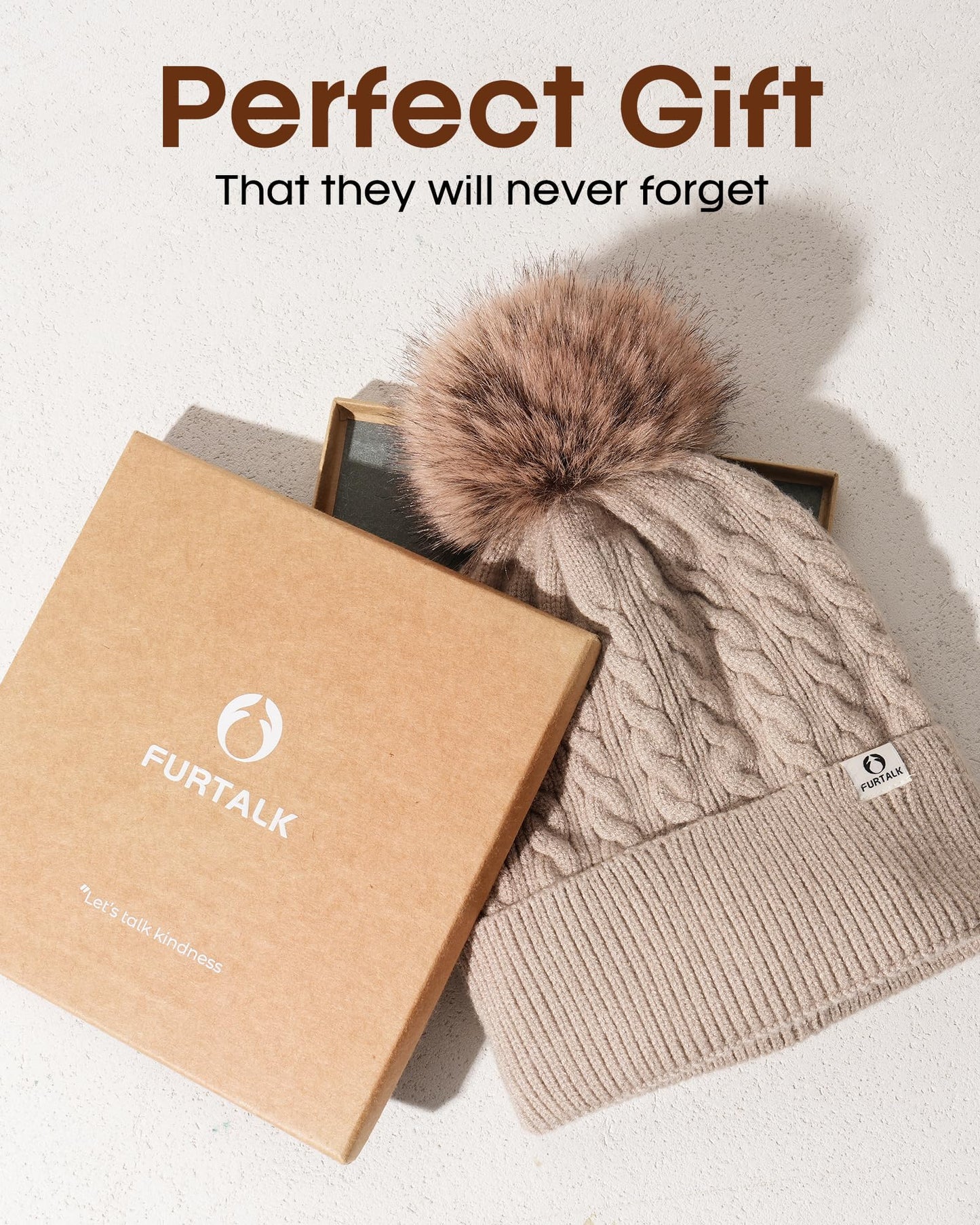 FURTALK Winter Hats for Women Fleece Lined Pom Pom Beanie Warm Knit Cap Light Khaki