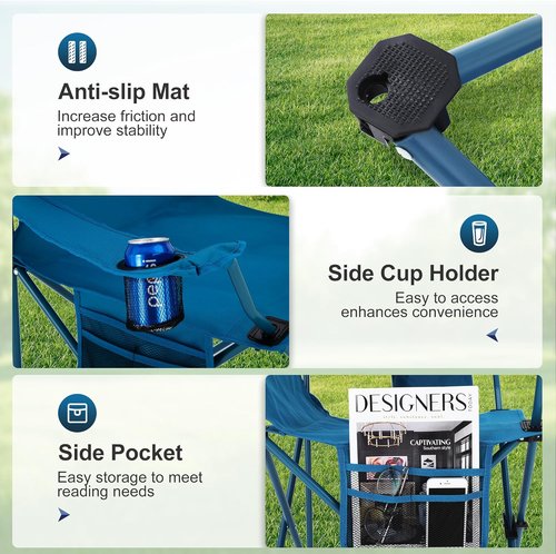 LET'S CAMP Folding Camping Chair 2-Pack - Portable Lawn Chairs with Cooler Bag & Cup Holder | Supports 350LBS, Blue