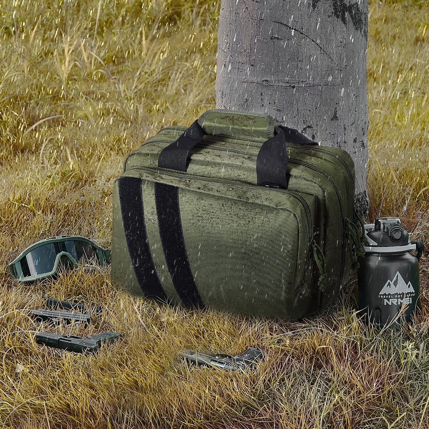 VEVOR Gun Bag with Detachable Baffles & 6 Magazines Shooting Handgun Bag for Outdoor Hunting Shooting Pistol Bag Case (2 Removable Pistol Bags, Green, 13 x 7.9 x 9.1 in)