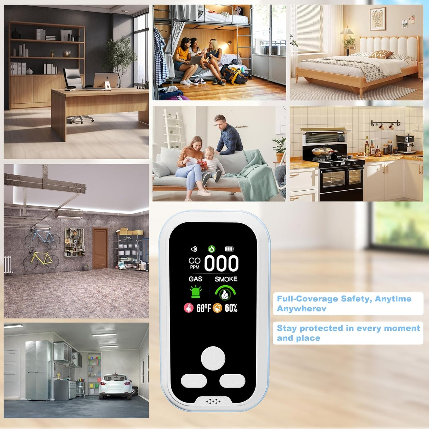5-in-1 Carbon Monoxide Detector with LCD Display - CO, Gas, Smoke, Temp & Humidity Alarm for Home, RV & Camping Safety