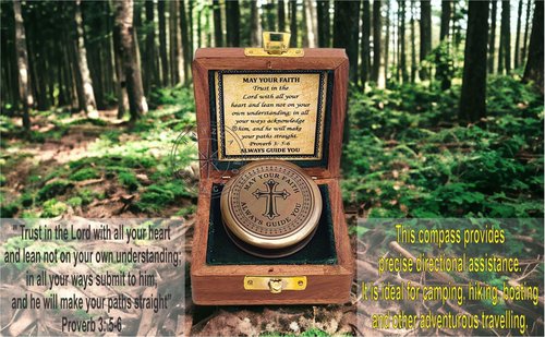 Trust in The Lord with All Your Heart - Proverbs 3: 5-6 Quote Engraved Compass with Wooden Box, Greeting Card, Gift Compass, Religious Gifts, Graduation Day Gifts 2025 for Women Men Boys Girls