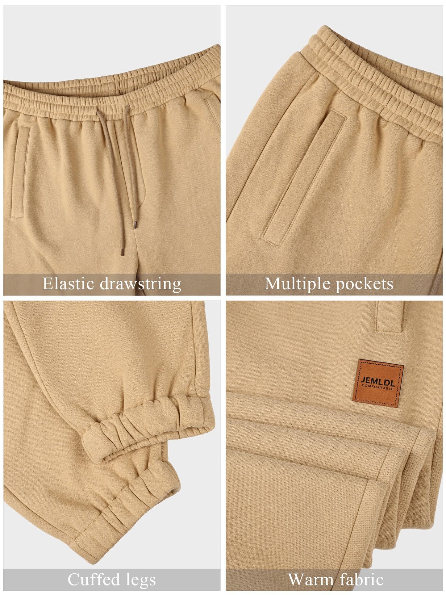 JEMLDL Mens Fleece Sweatpants Loose Fit Tapered Joggers with Drawstring Waist and Pockets Warm Casual Track Pants Khaki Large