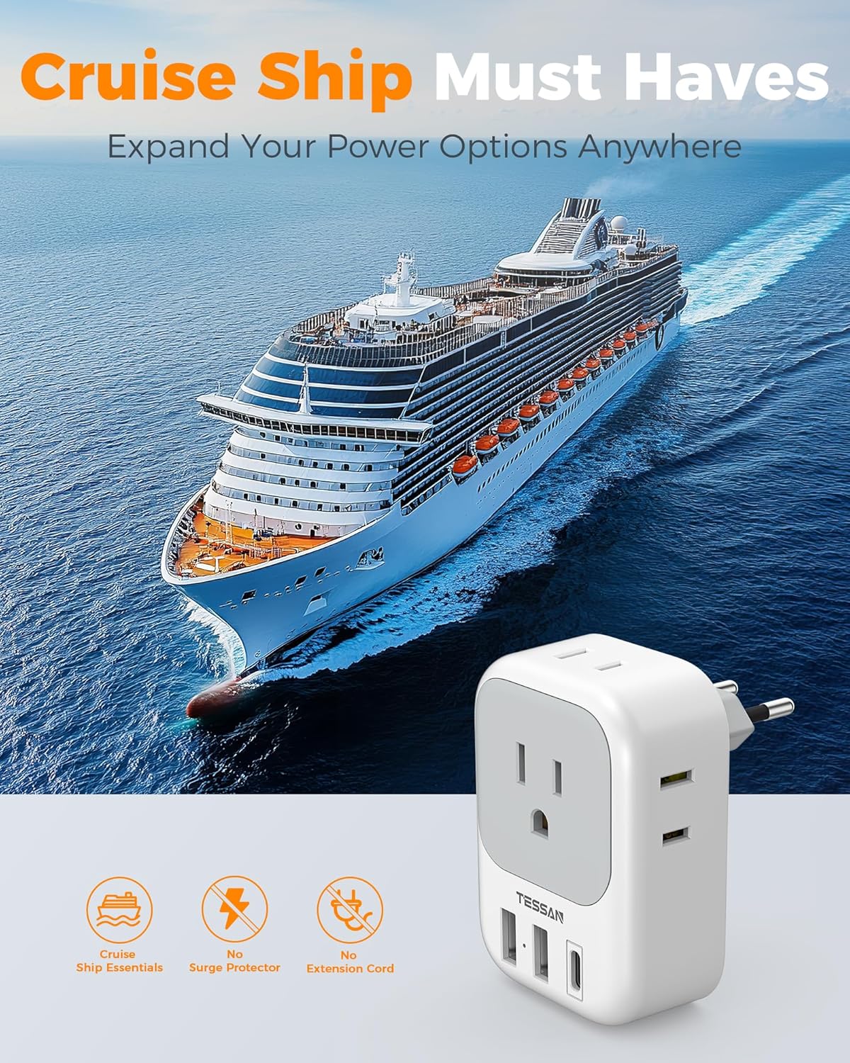 TESSAN European Plug Adapter - 2 Pack USB-C Travel Charger with 4 Outlets & 3 USB Ports for Italy, Spain, France, Germany