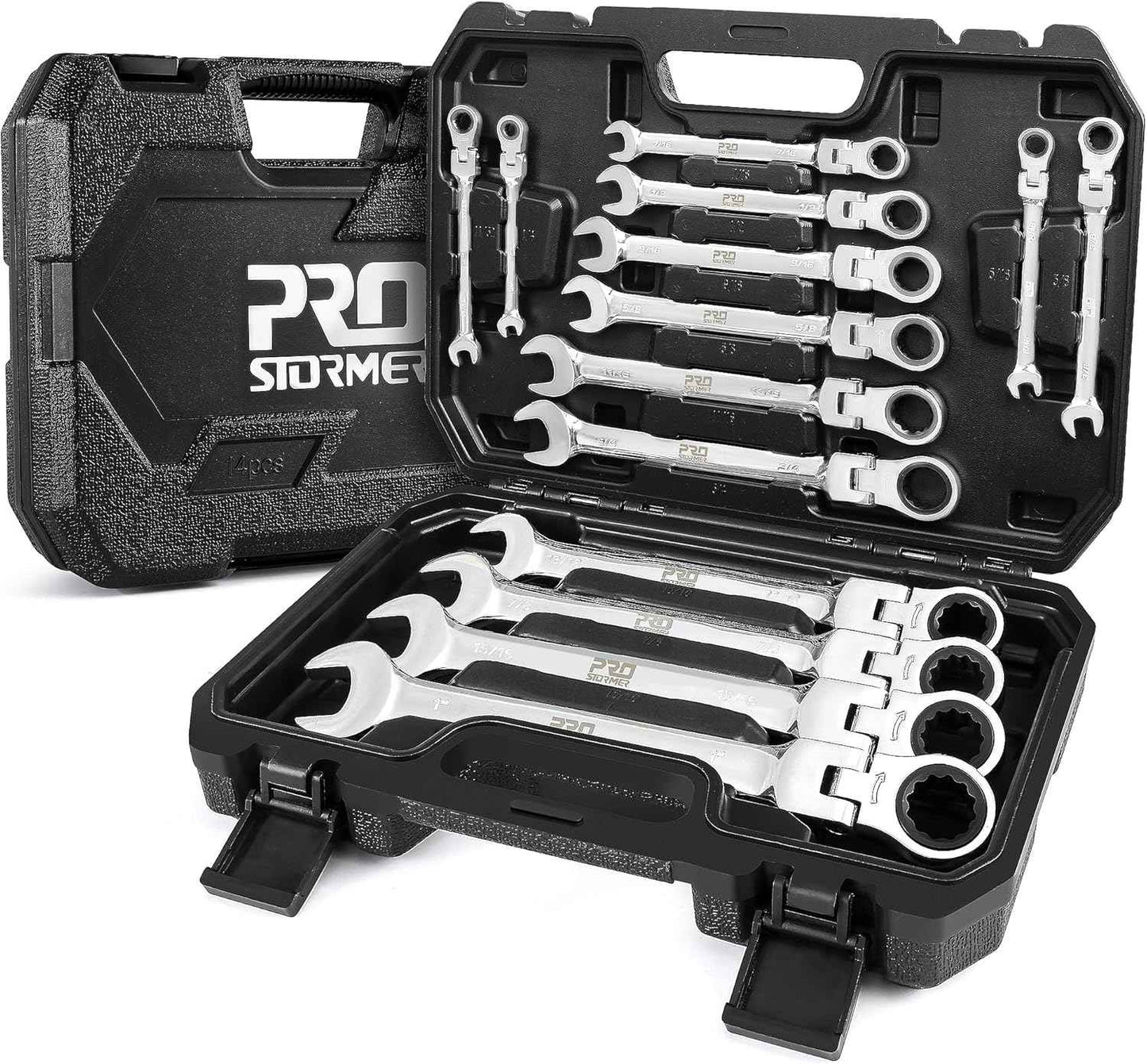 14-Piece Metric Ratcheting Wrench Set - Flex-Head, 72 Tooth, Cr-V Steel with Storage Case (6-19mm)