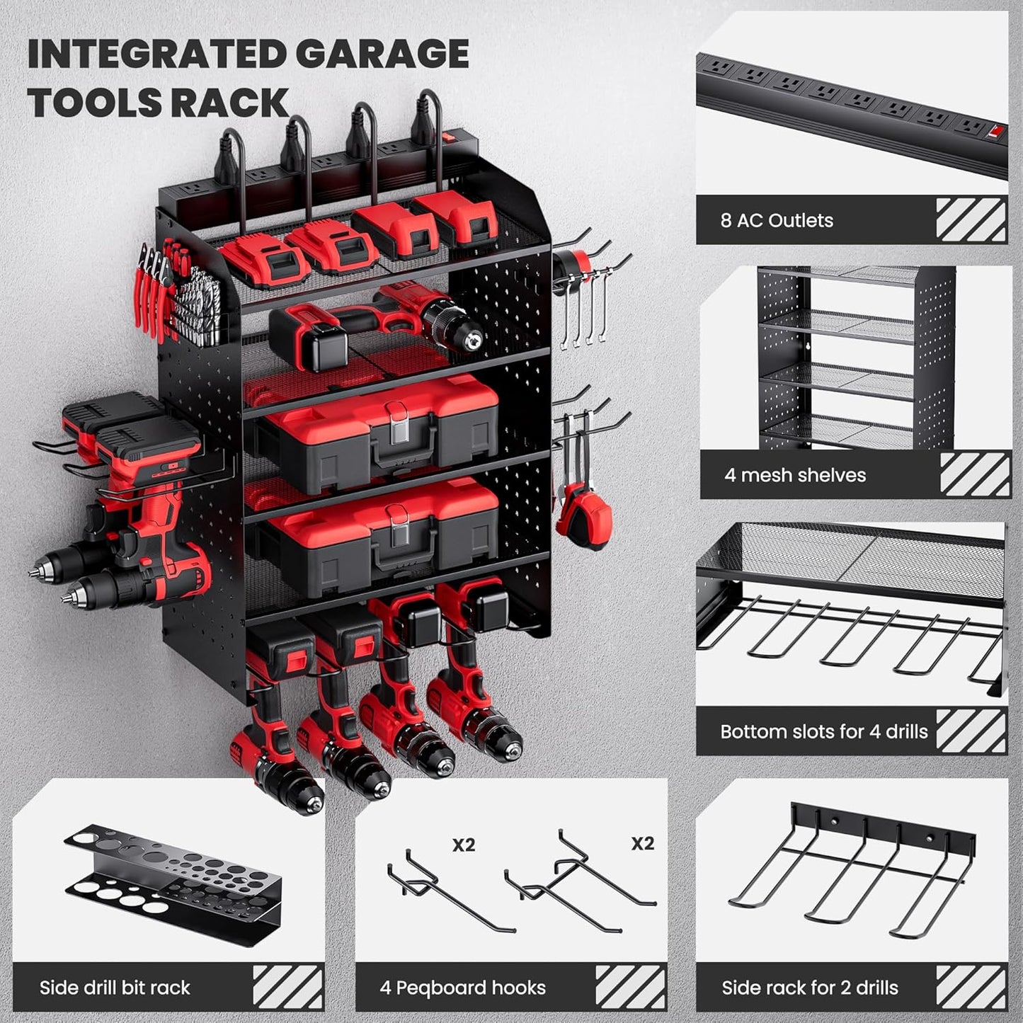 Power Tool Organizer Wall Mount - 3-Layer Charging Station with 8 Outlets & 6 Drill Holders - Efficient Garage Storage Solution (Black)