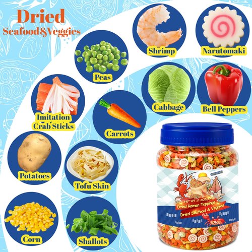 11.6oz Dried Ramen Toppings – 11 Mixed Dehydrated Seafood & Vegetables with Shrimp, Crab & Fishcake, Freeze-Dried Veggies for Soups, Salads, Pizza & Camping Meals