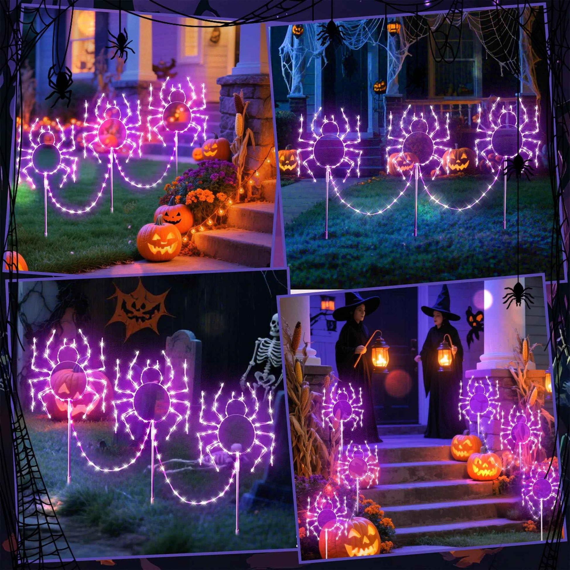 MYGOTO Halloween Spider Pathway Lights, 3 Pack 250 LED Purple Decorations Outdoor Metal Stake Lights, 8 Modes Memory Timer Waterproof Plug in Light String for Walkway Yard Lawn Garden Halloween Décor