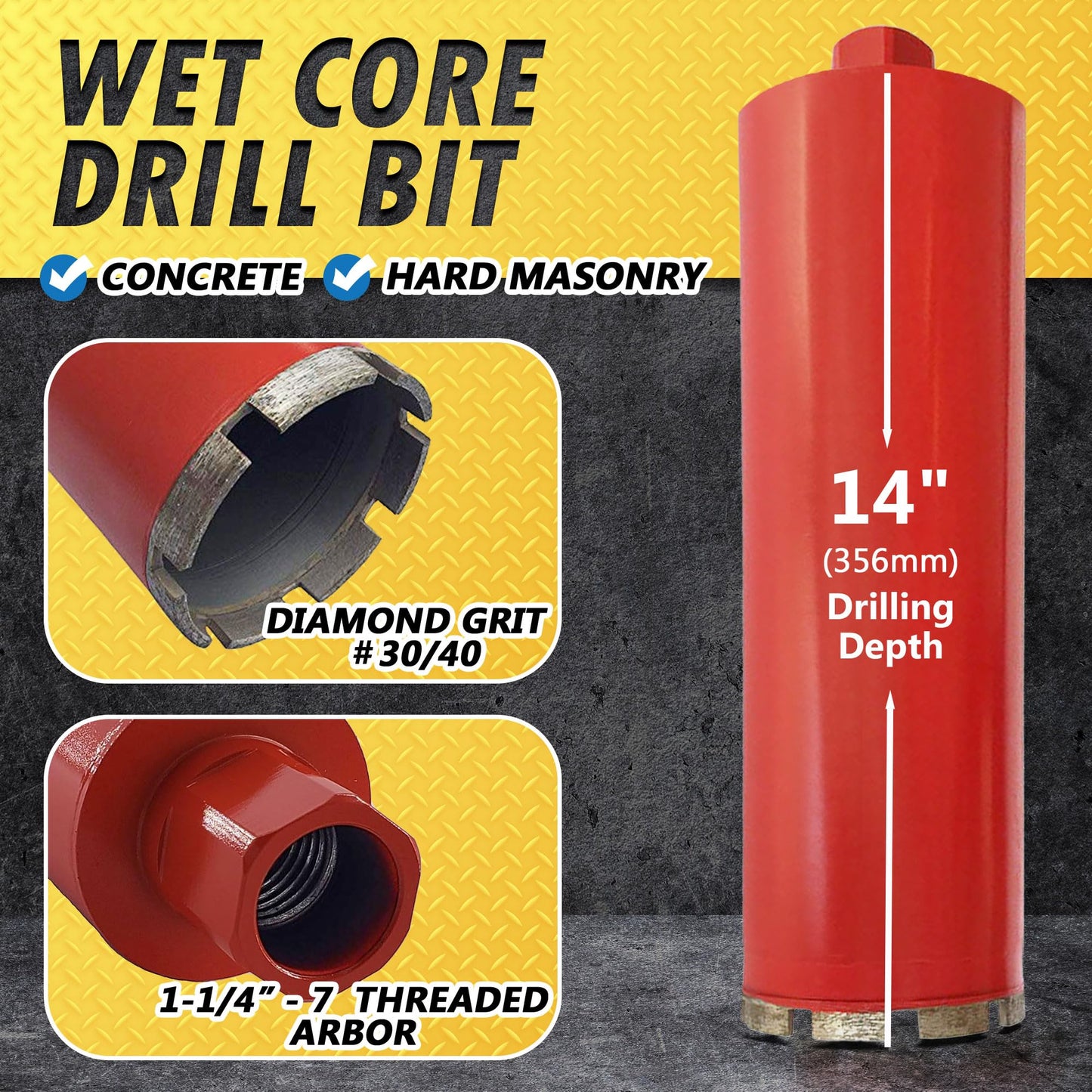 3-1/2" Wet Drill Core Bits for Concrete and Hard Masonry, 10mm Segment Height, 14" Drilling Depth, 1-1/4"-7 Arbor, Wet Only