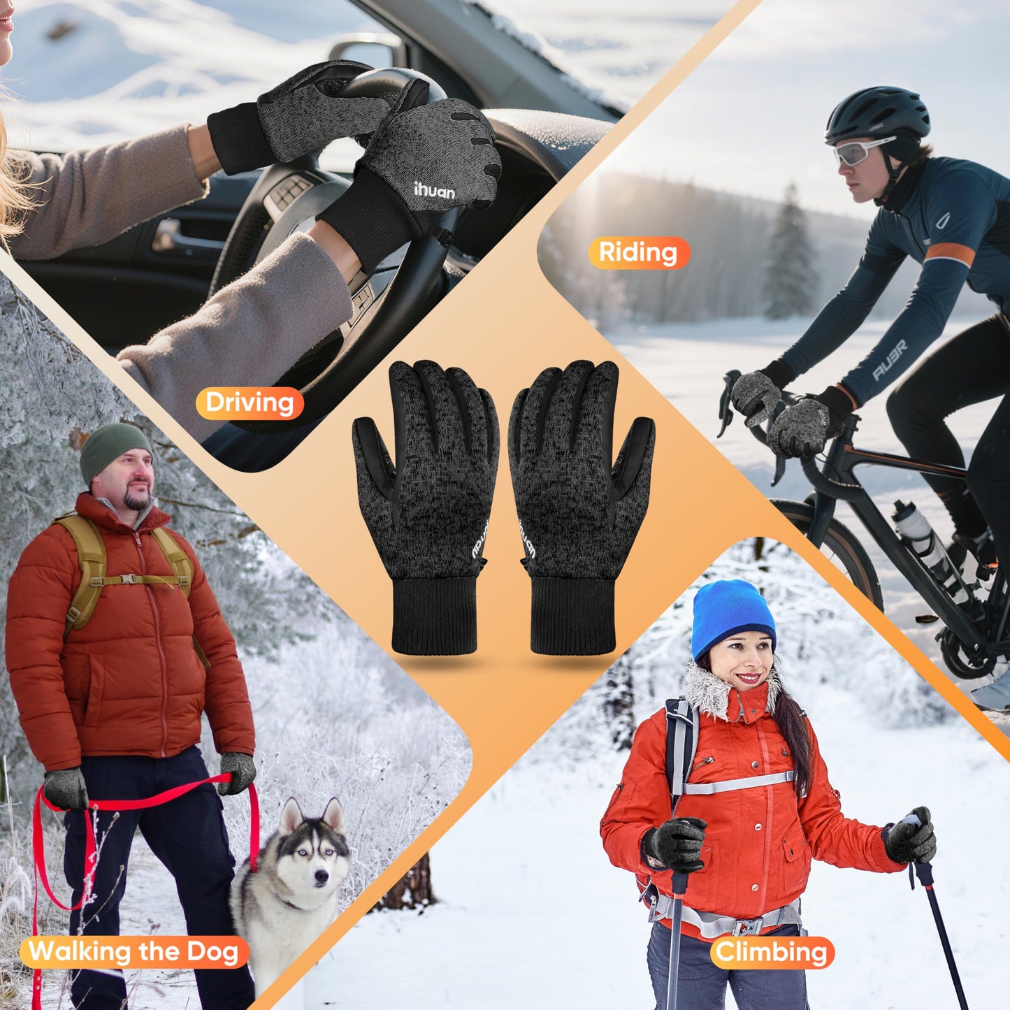 ihuan Winter Waterproof Gloves Cold Weather - Snow Ski Windproof for Men Women, Warm Touchscreen Thermal for Running Cycling