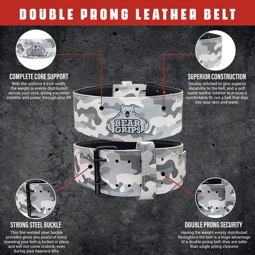 Bear Grips Weightlifting Belt, Leather Weight Belt for Men, Weight Lifting Belt for Women, Double Prong Gym Belt, Squat Belt, 5mm Powerlifting Belt, Deadlift Belt, Workout, Exercise - White Camo - XS