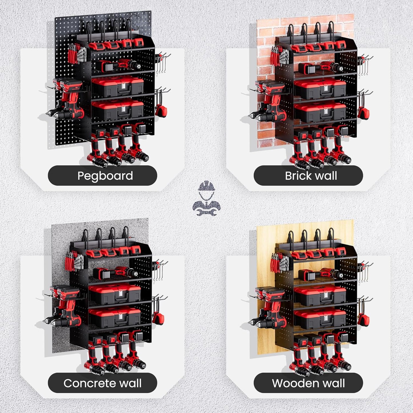 Power Tool Organizer Wall Mount - 3-Layer Charging Station with 8 Outlets & 6 Drill Holders - Efficient Garage Storage Solution (Black)