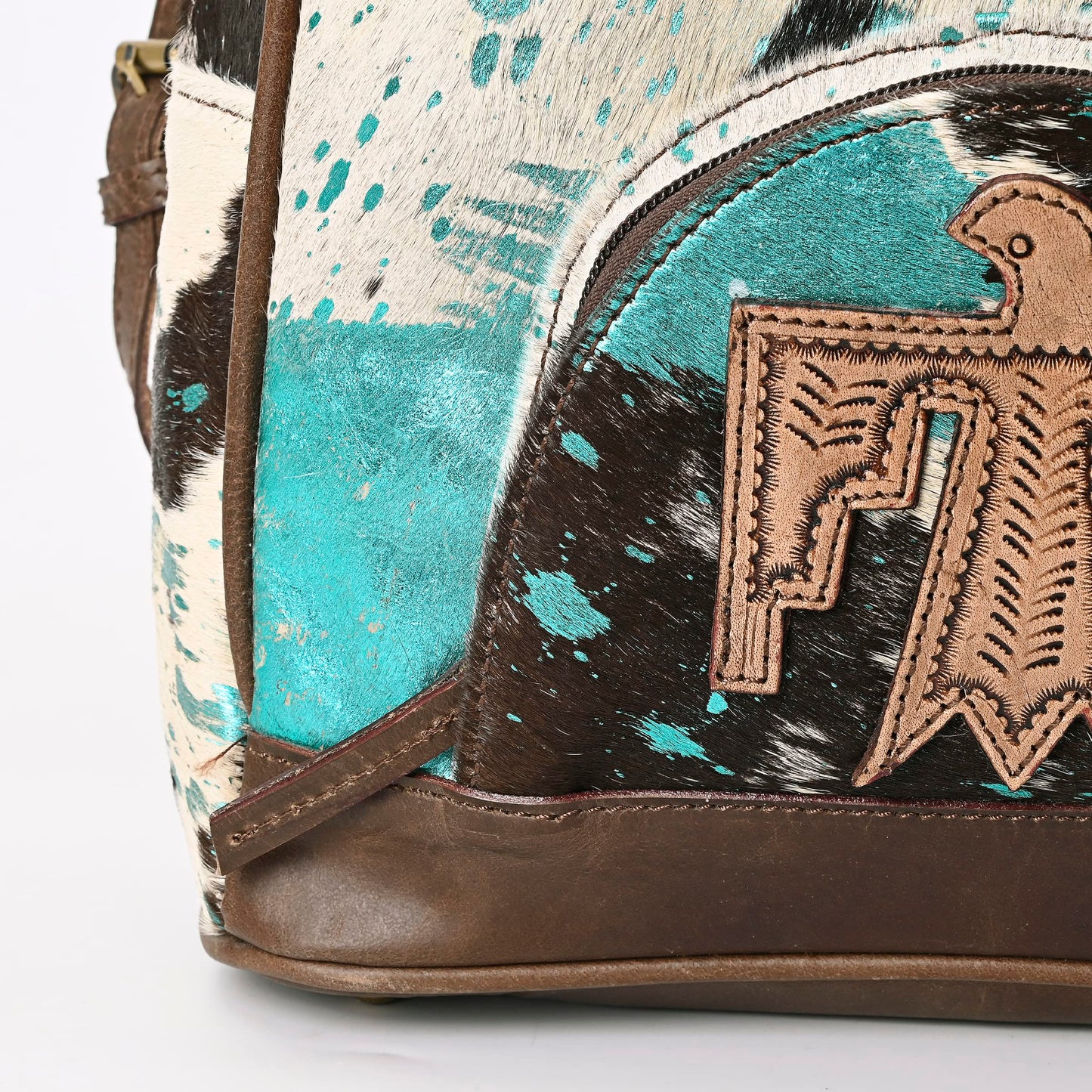 Merbaa Handmade Cowhide Leather Cotton Lining Zipper Closure Fashion Backpack For Women With Eagle Tooling Patch in Front, Teal Blue