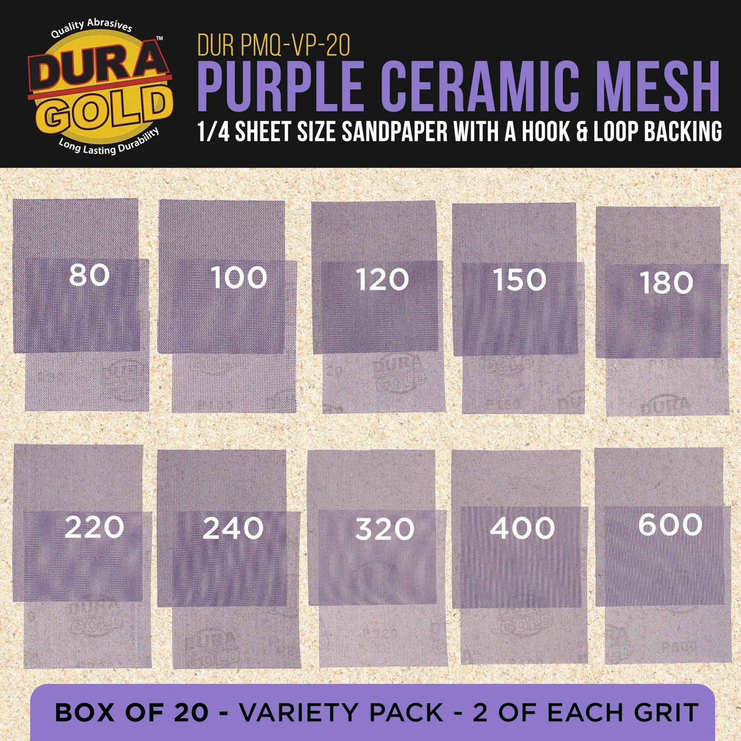 Dura-Gold Premium 1/4 Sheet Size Purple Ceramic Mesh Sandpaper, 20 Sheet Variety Pack, Grits 80, 100, 120, 150, 180, 220, 240, 320, 400, 600 - Dustless Hook & Loop Backing, Palm Sanders, Sanding Block