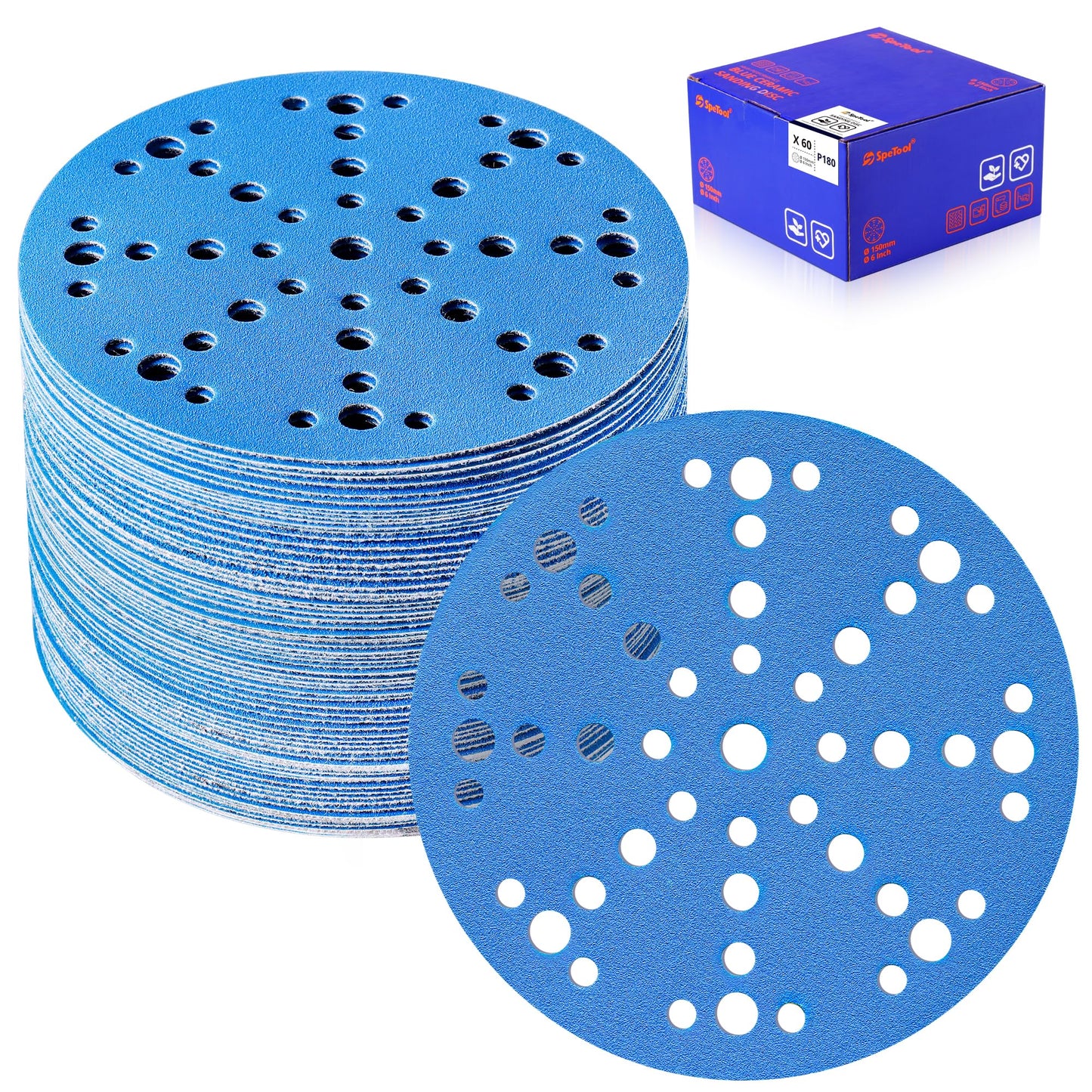 SpeTool 6 Inch Sanding Discs, 49 Hole Hook and Loop Sandpaper 60 Pack Compatible for Random Orbital Sander, Stearate Anti-Clog Coating with 180 Grit Ceramic Aluminum Oxide Abrasives for Sanding Chore