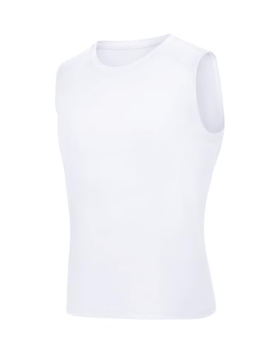 Boys Sleeveless Compression Shirt - Kids Football Undershirt, 9-10 Years, White