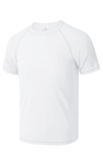 Boys' UPF 50+ Short Sleeve Rash Guard Swim Shirt - White, 6-7 Years