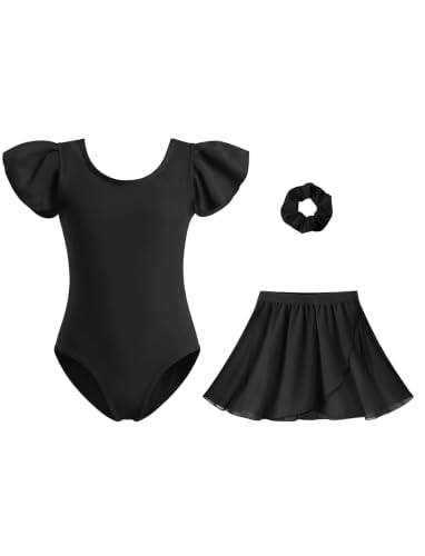 PATPAT Ballet Leotards for Girls with Removable Skirt, 7-8 Years, Black