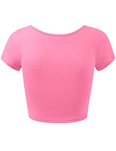 Cotton Crop Top - Short Sleeve Scoop Neck - Small / Candy Pink