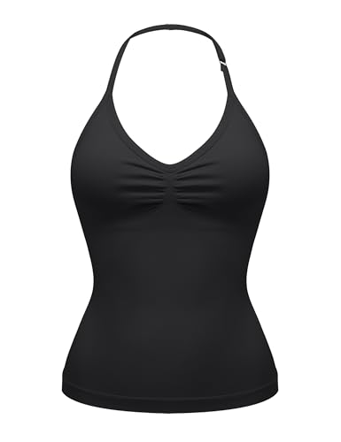 OLCHEE Women's Black Small Halter Workout Tank Top V Neck Backless Padded Activewear