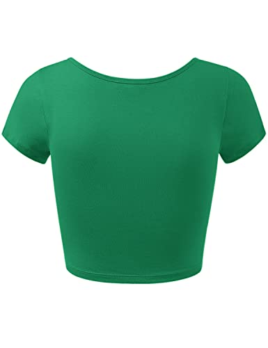 Cotton Crop Top for Women - Short Sleeve Scoop Neck - Small Kelly Green
