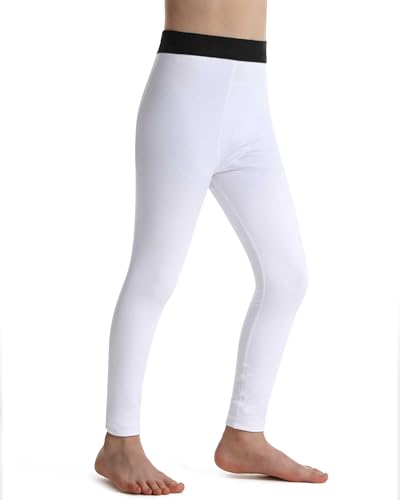 Boys Thermal Pants - Kids Football Fleece Lined Leggings - Large, White