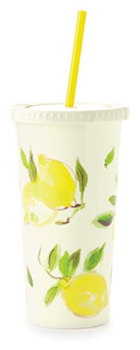 Kate Spade New York Lemon Insulated Travel Tumbler with Reusable Straw, 20oz Cold Drink Cup