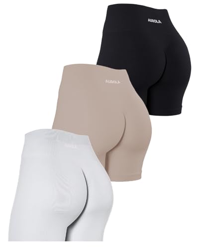 AUROLA Women's Power Workout Shorts with Tummy Control - Pack of Small, Black/Natural/Blanc De Blanc, Squat Proof, Seamless Active Shorts
