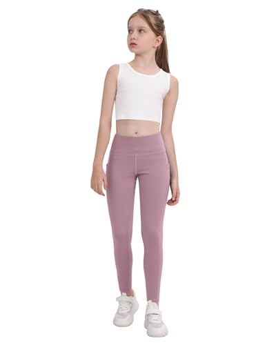 CHRLEISURE Girls' Active Leggings with Pockets - 5 Pack Kids Teen Dance & Yoga Pants, 12-13 Years (Black/Gray/Lilac Pink/Navy/Steel Blue)