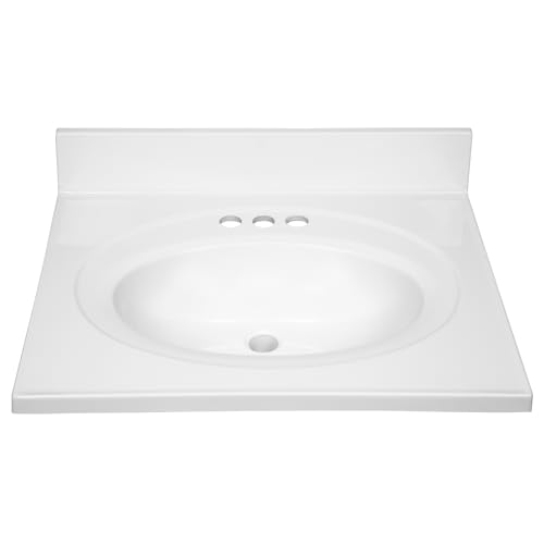 Design House 25 in Wide Vanity Top With Sink, 4 in Backsplash, Cultured Marble, Stain-Resistant, Pre-Drilled Centerset Holes, Solid White, 25 in W x 22 in D x 11.4 in H, 586222