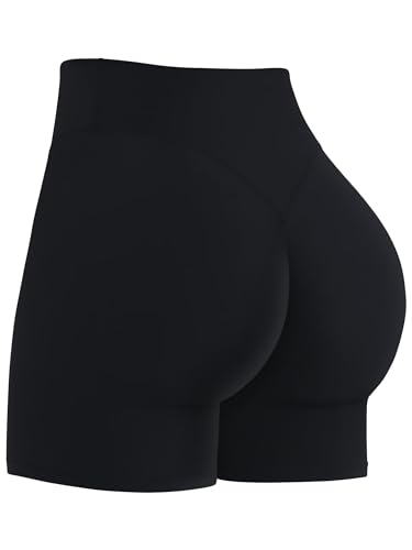 Sunzel Women's High Waist Crossover Workout Shorts - 4 Inch Inseam, Medium, Black