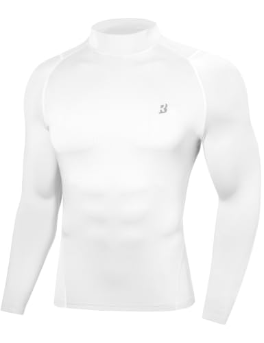 Roadbox Men's Mock Turtleneck Compression Shirt - Long Sleeve Base Layer, Medium, White