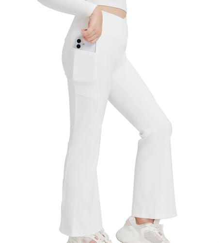 Girls Flare Leggings - Seamless Ribbed Yoga Pants with Cross High Waist - White, 13-14 Years