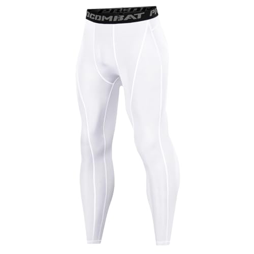 Men's Compression Leggings for Running - Quick Dry - White, Small